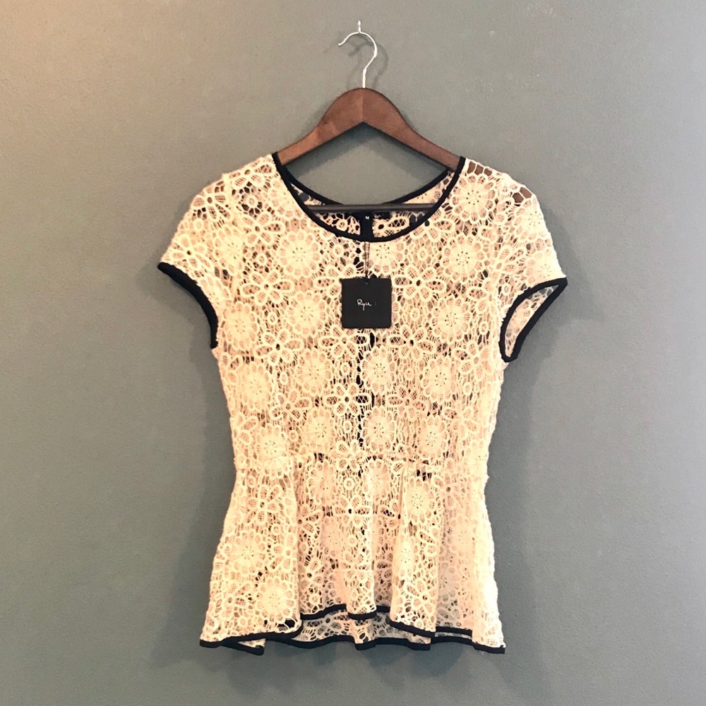 NWT: RYU cream lace crochet cream and black top